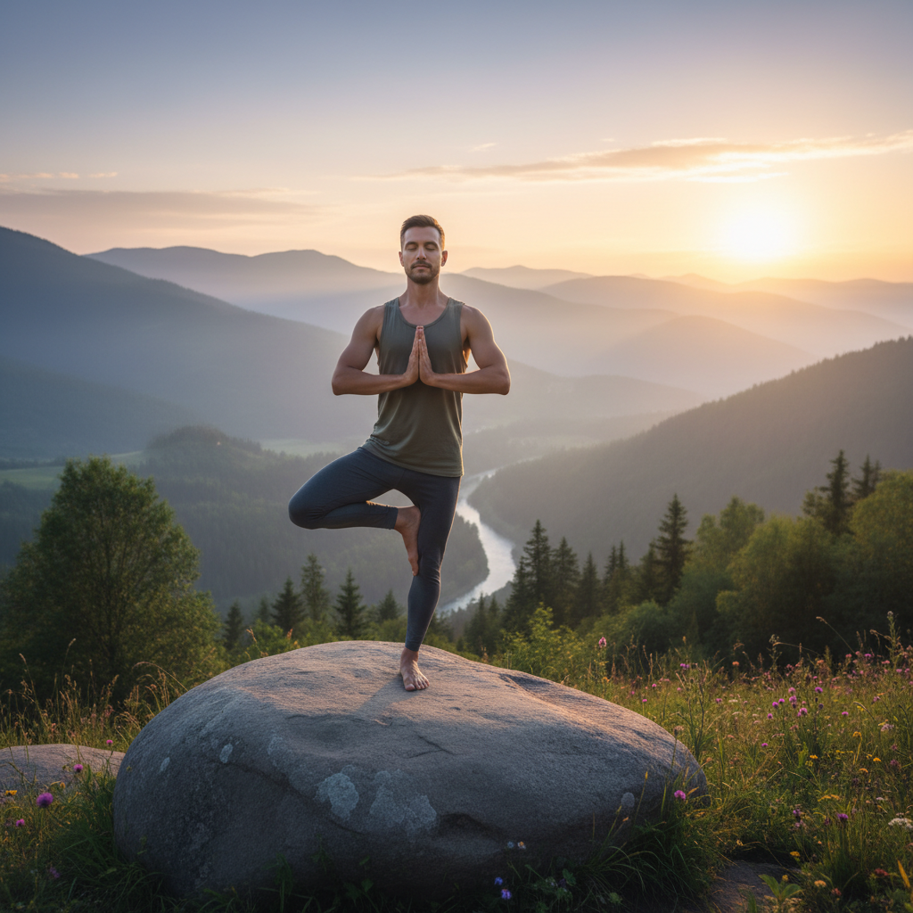 Човек практикуващ йога на открито